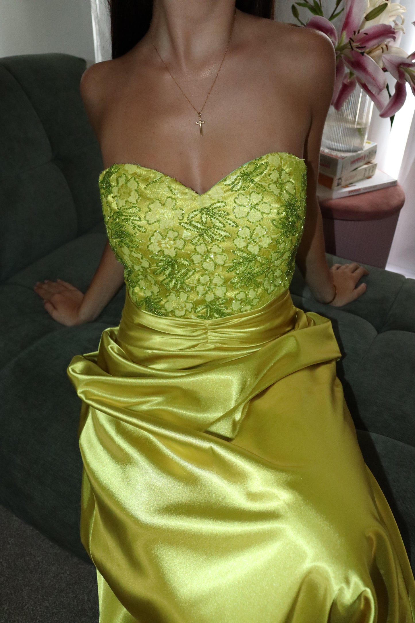 Chartreuse beaded gown