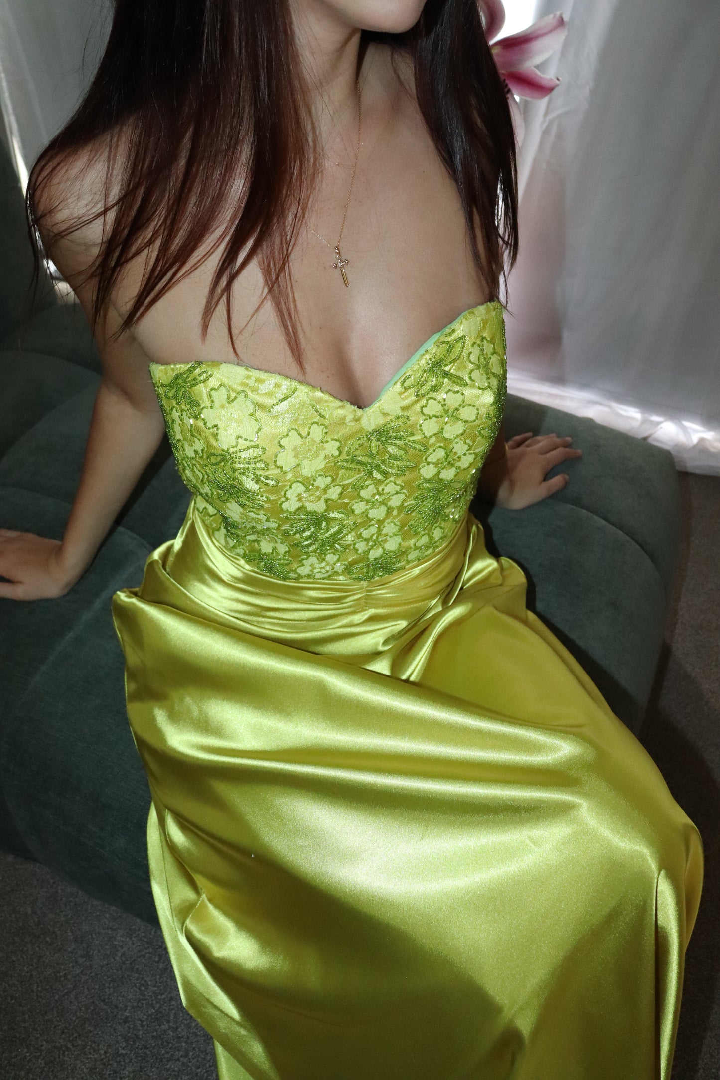 Chartreuse beaded gown
