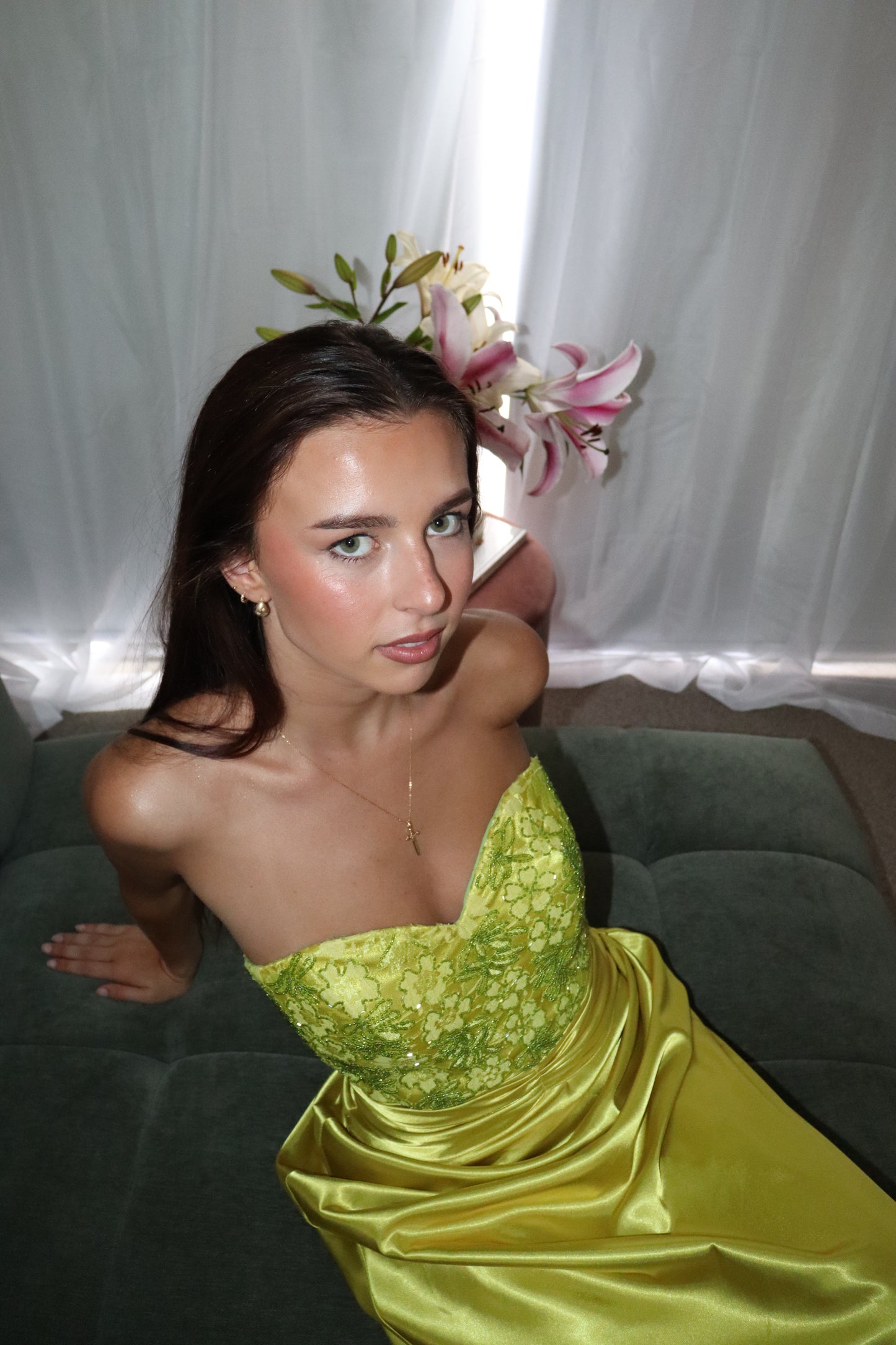Chartreuse beaded gown