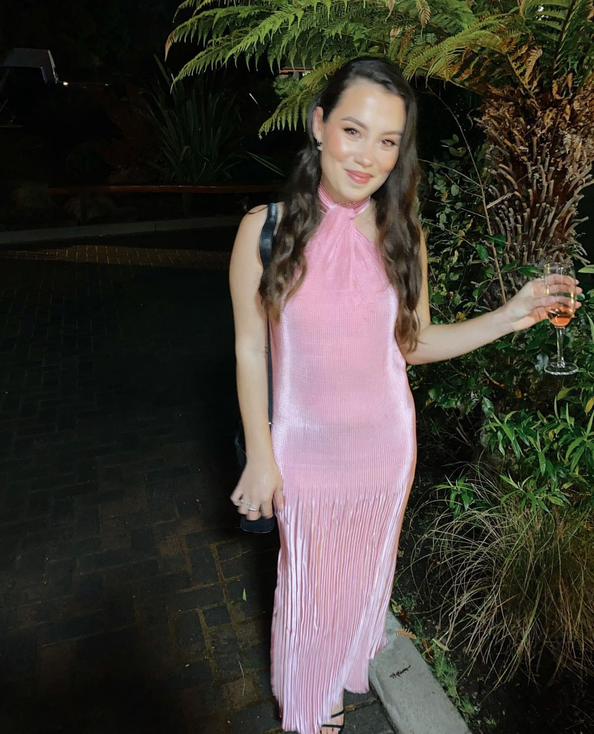 L’idee Soiree Pleated Halter Dress in Ice Pink