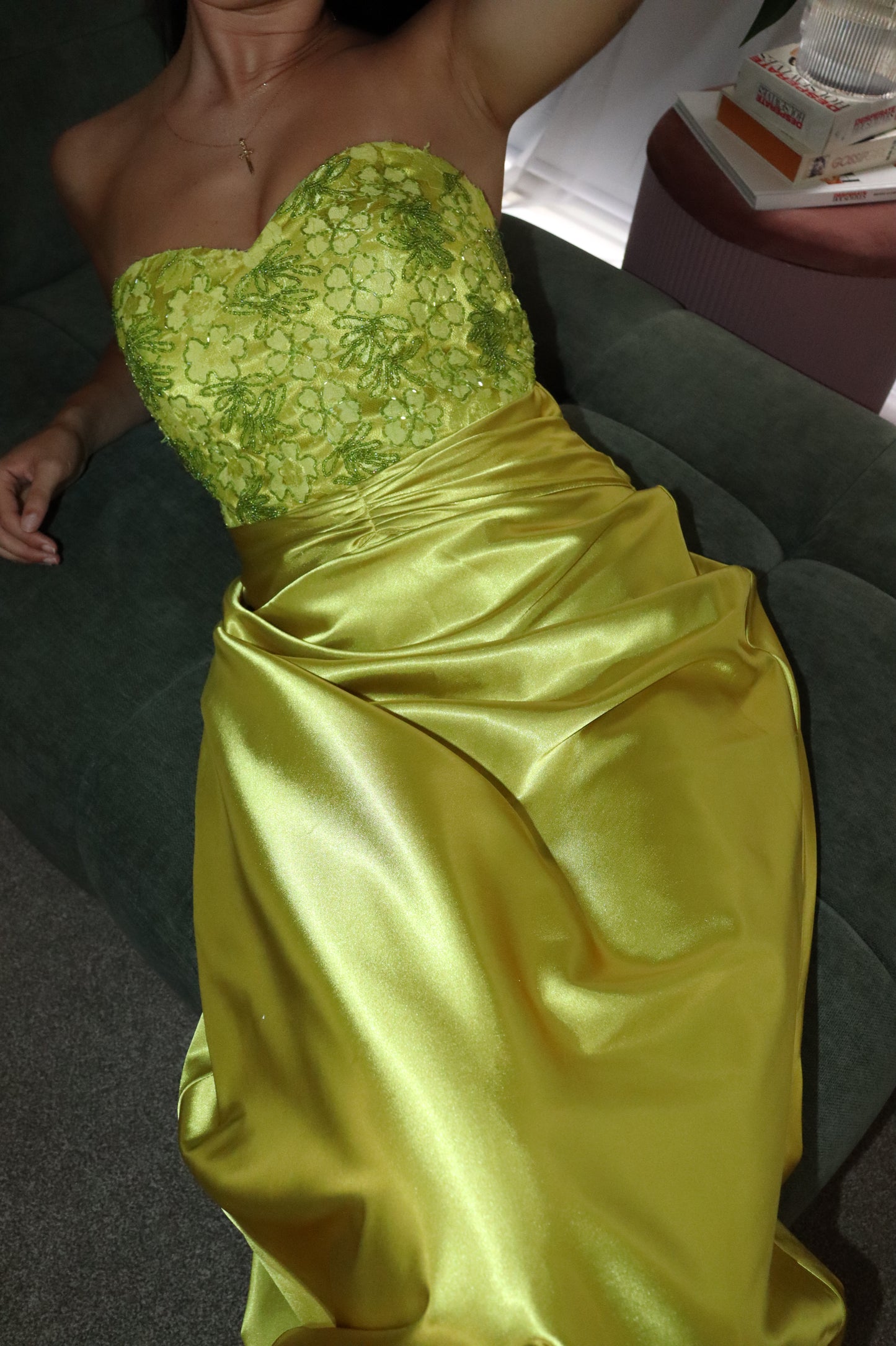Chartreuse beaded gown