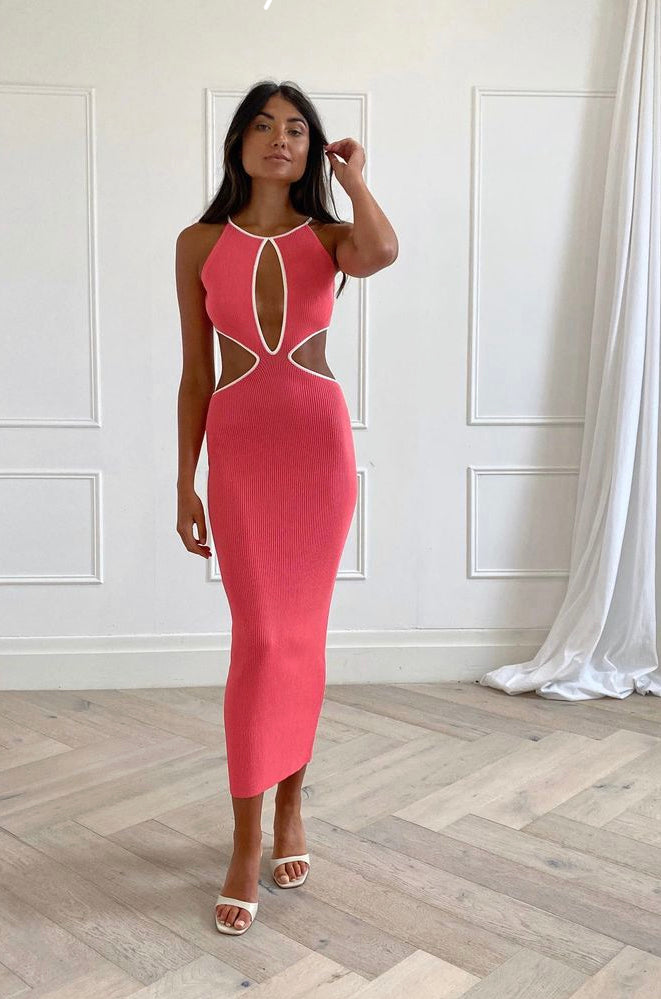 San Sloane - Adrian Rib Midi Dress Coral White