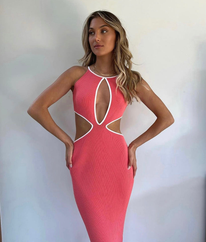 San Sloane - Adrian Rib Midi Dress Coral White
