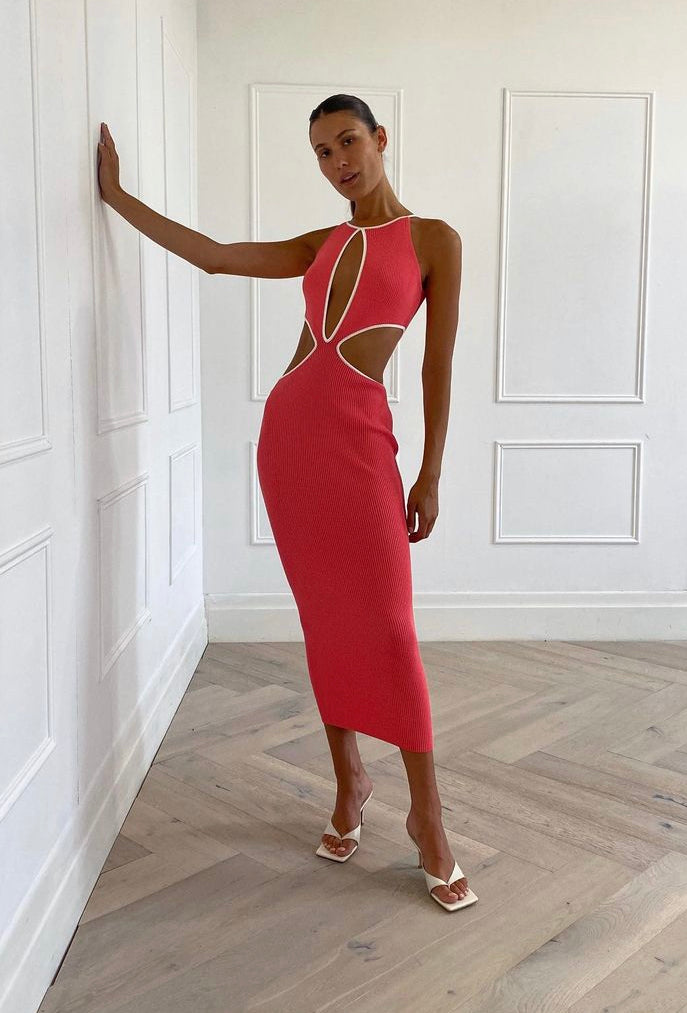 San Sloane - Adrian Rib Midi Dress Coral White