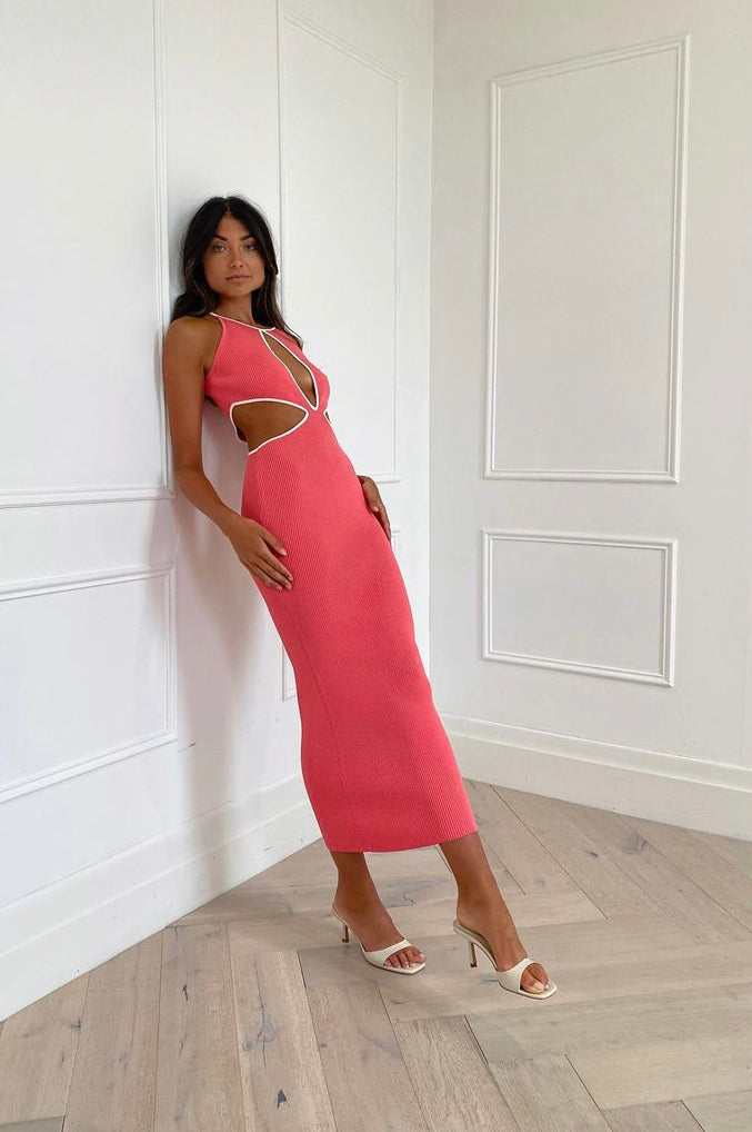 San Sloane - Adrian Rib Midi Dress Coral White