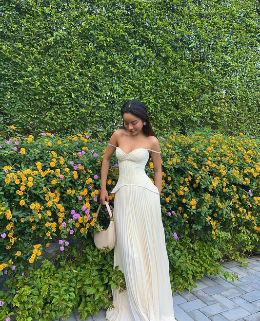 Daniella lace corset pleated maxi dress | cream