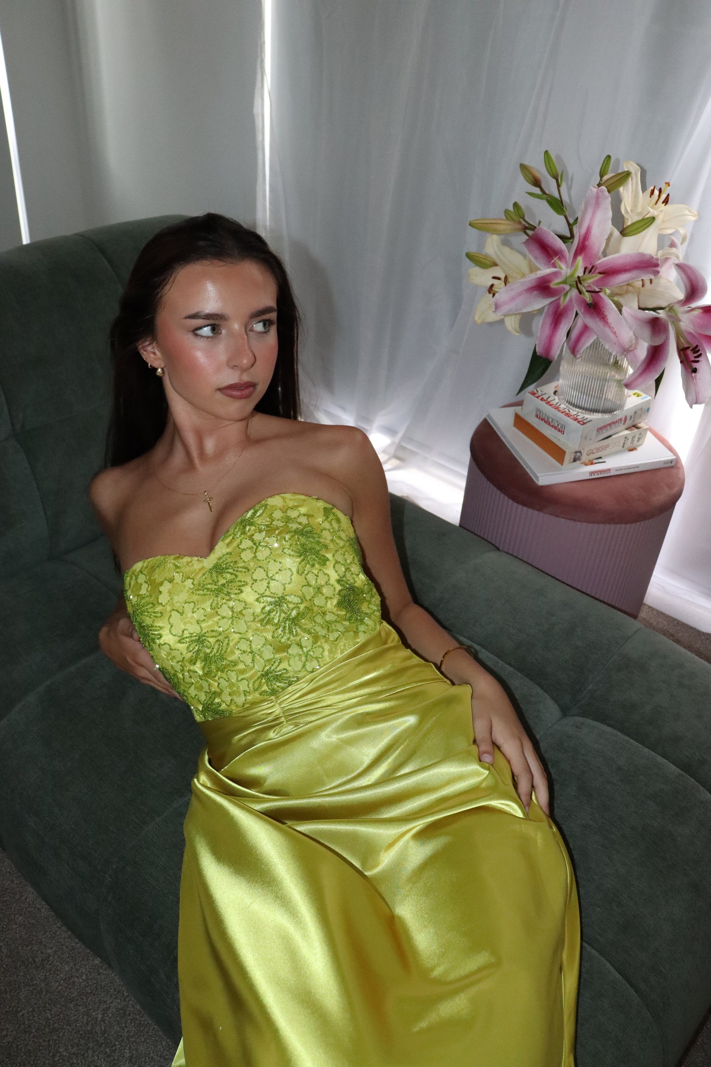 Chartreuse beaded gown