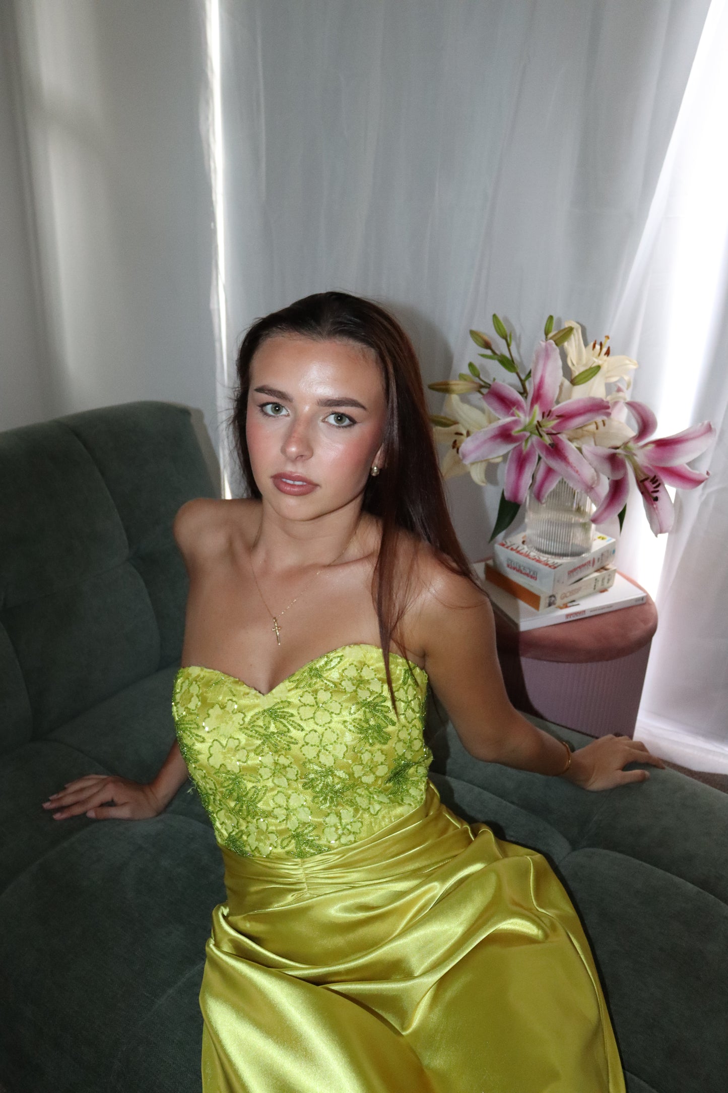 Chartreuse beaded gown