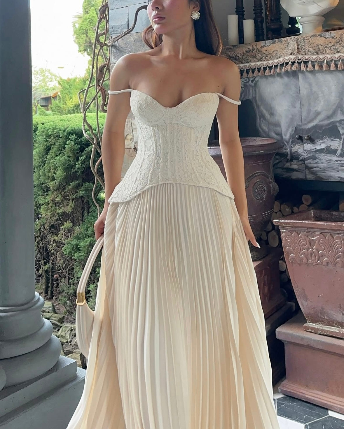 Daniella lace corset pleated maxi dress | cream