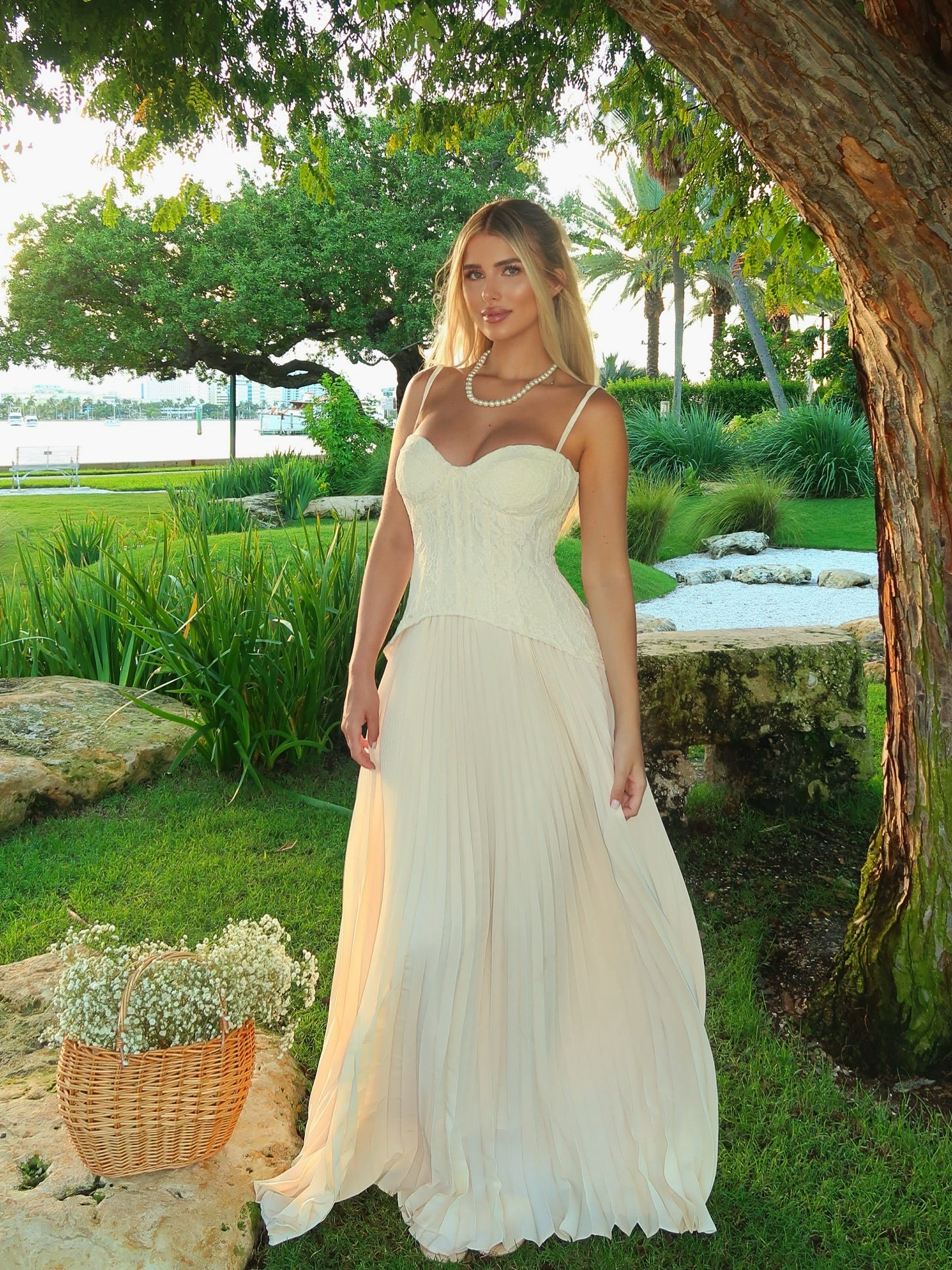 Daniella lace corset pleated maxi dress | cream