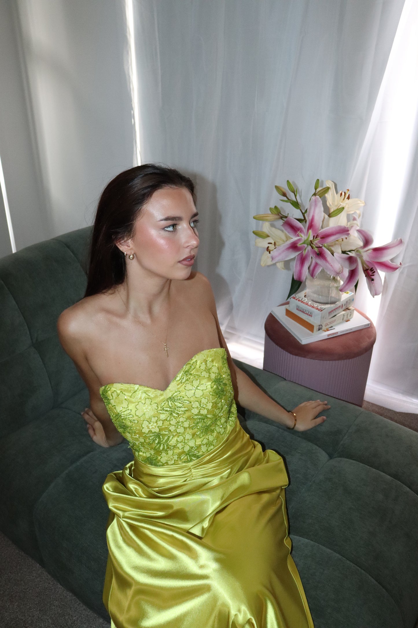 Chartreuse beaded gown