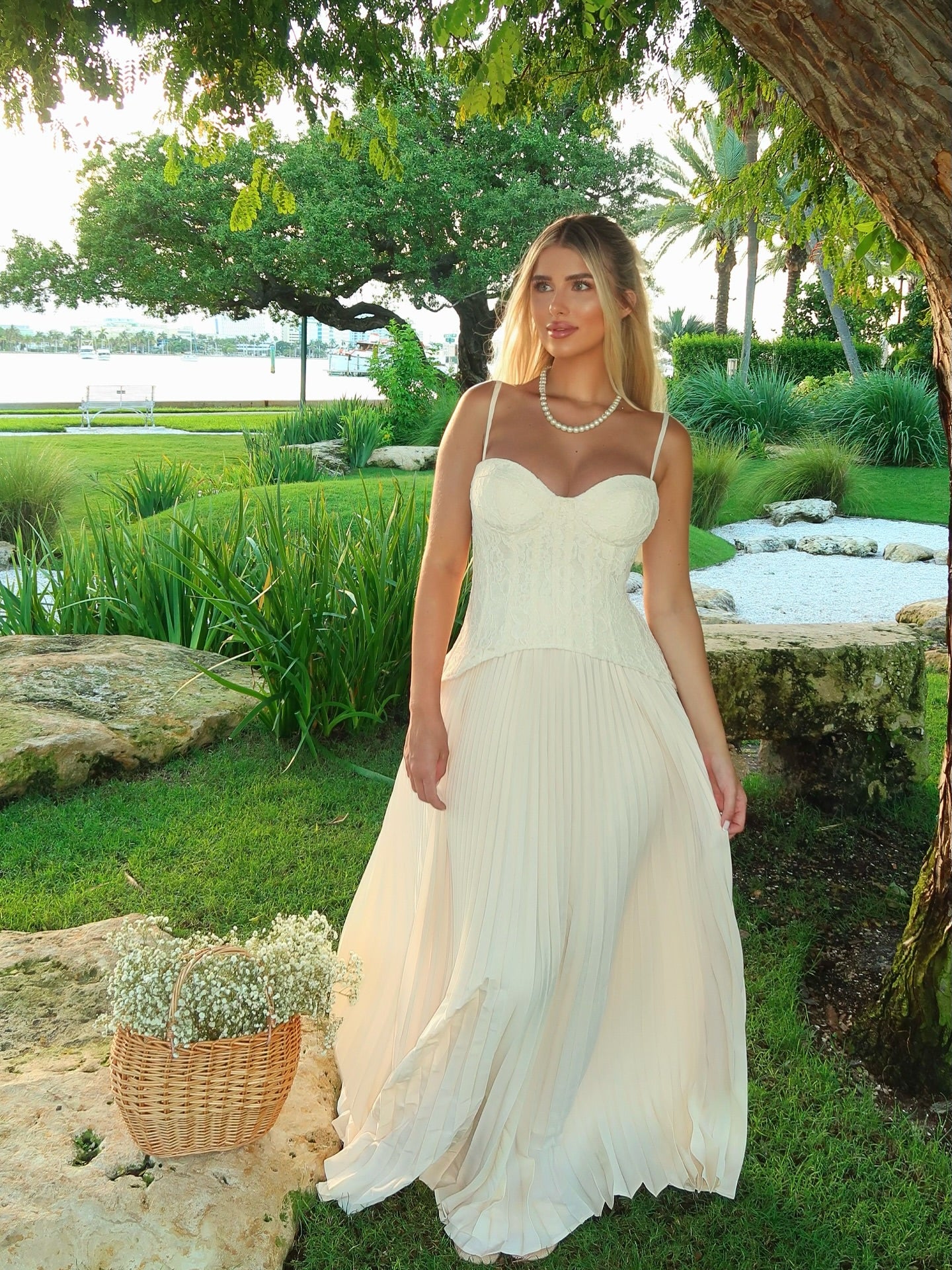 Daniella lace corset pleated maxi dress | cream