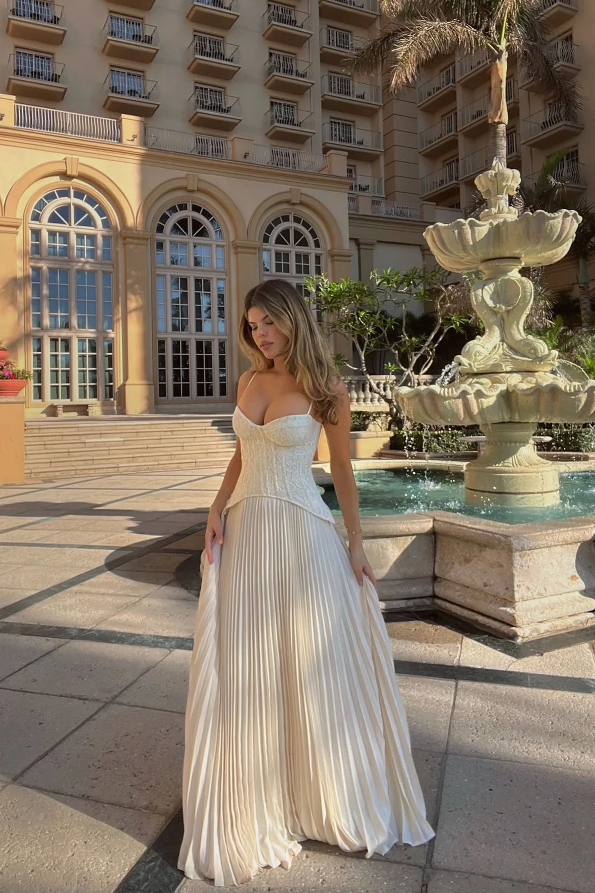 Daniella lace corset pleated maxi dress | cream