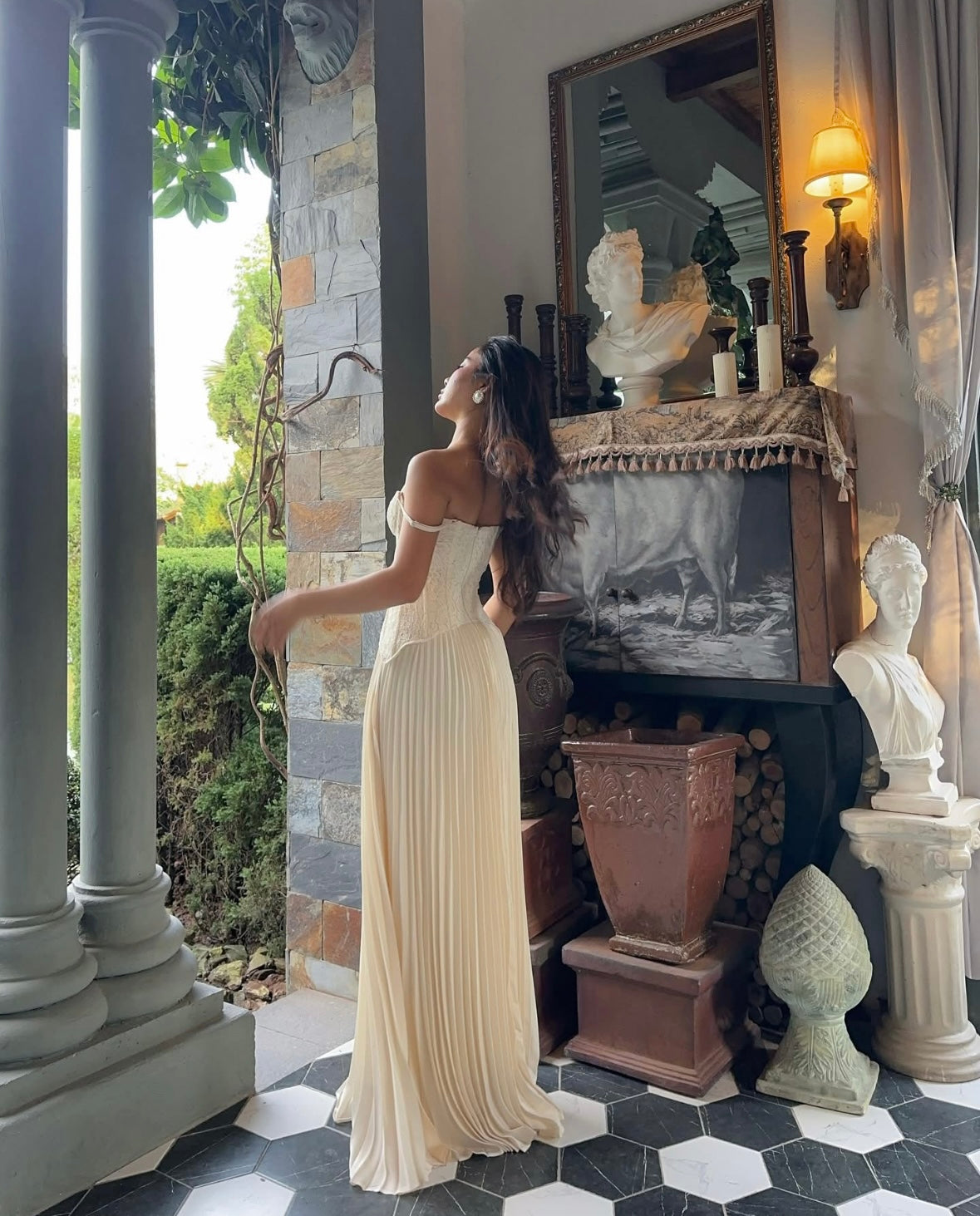 Daniella lace corset pleated maxi dress | cream