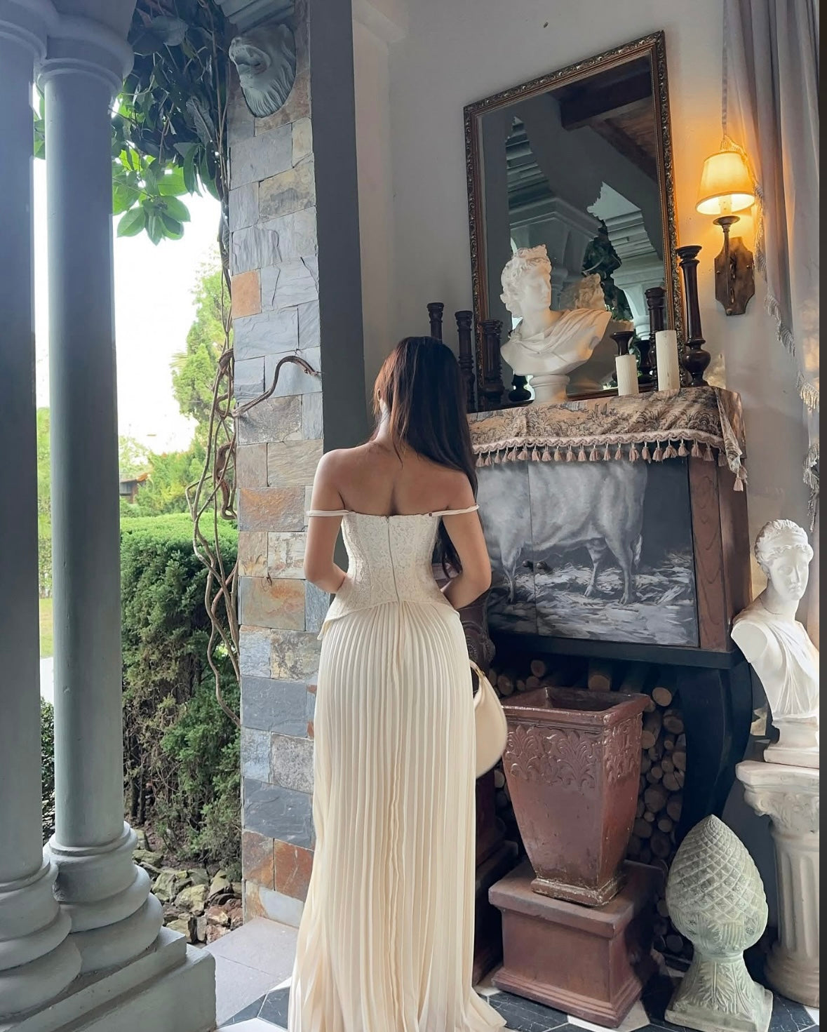 Daniella lace corset pleated maxi dress | cream